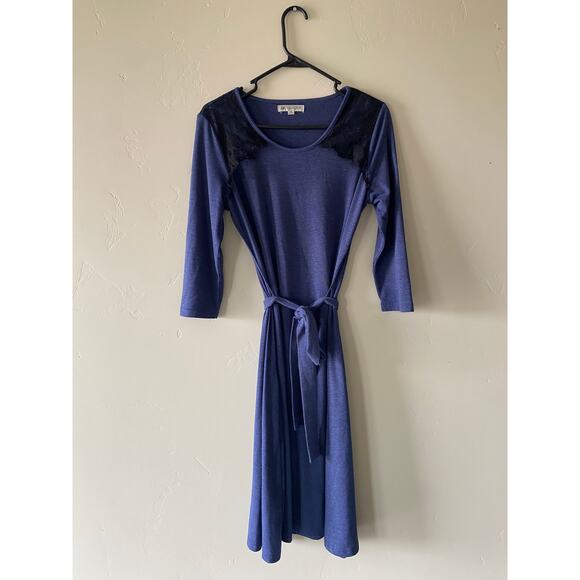 Downeast Blue Midi Dress with Black Lace Shoulder Detailing and Tie Waist - Picture 3 of 6